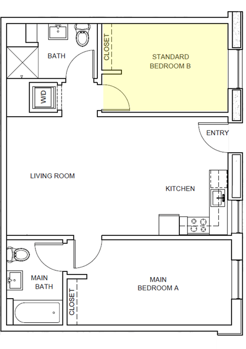 Floor plan for 2 beds, 2 baths, 334 sqft
